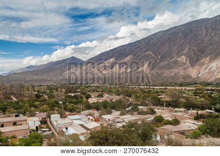 Village Maimara Under Colorful Rock Called Paleta Del Pintor Painters Palette In Quebrada De Humahua