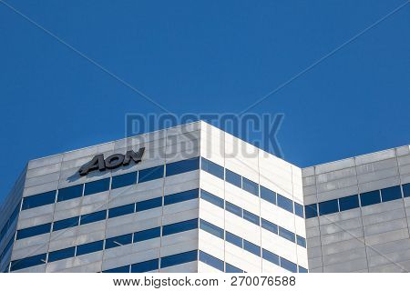 Montreal, Canada - November 4, 2018: Aon Logo In Front Of Their Heaquarters For Quebec. Aon Is A Ris