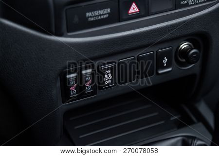 Novosibirsk, Russia - November 20, 2018: Mitsubishi L200, Close-up Of The Dashboard. Photography Of 