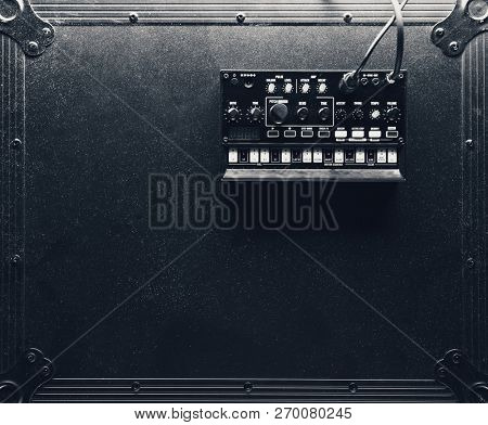 black analog synthesizer, top view