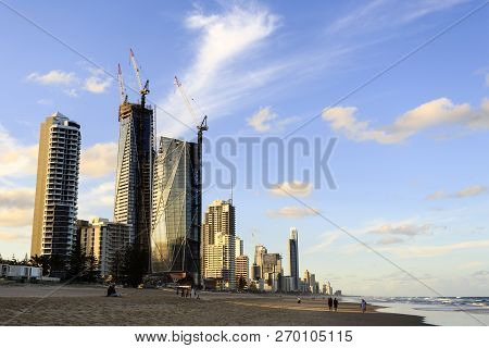 Gold Coast, Australia - November 13, 2018:  The Skyscrapers Of The Gold Coast Seen From The Beach At