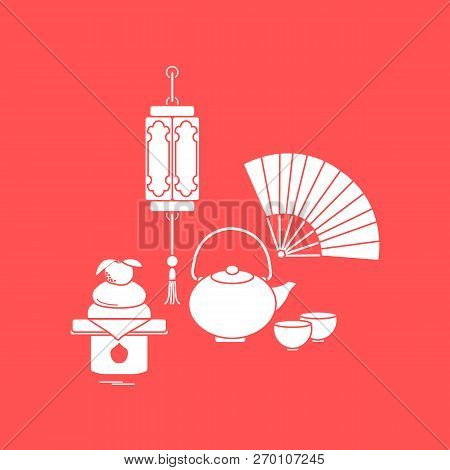 Eastern New Year Symbols. Chinese Lantern, Kettle With Two Cups, Fan, Kagami Mochi. Festive Traditio