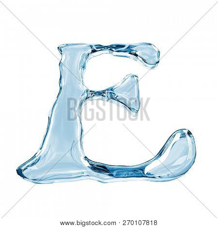 Letter E from clear transparent bluish water droplets. Isolated on white background. 3d rendering.