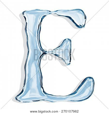 Letter E from clear transparent bluish water droplets. Isolated on white background. 3d rendering.
