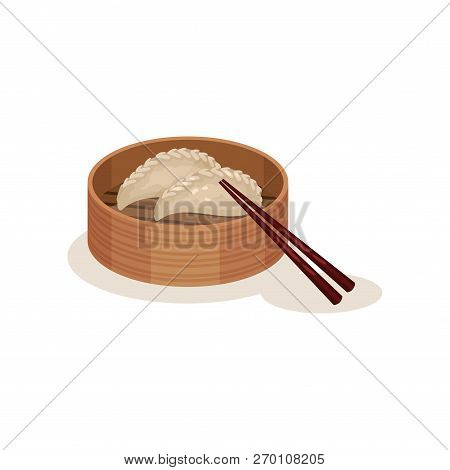 Steamed Dumplings Or Chai Kueh In Wooden Container And Chopsticks. Traditional Malaysian Dish. Flat 