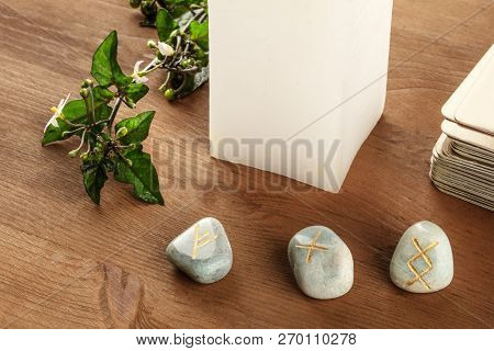 A Closeup Photo Of Norse Runes From The Futhark Alphabet, Stones With Symbols Used In Wicca And Othe