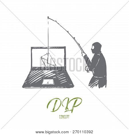 Dlp, Espionage, Virus, Penetration, Dangers Concept. Hand Drawn Hacker Hacks Laptop And Steals Infor