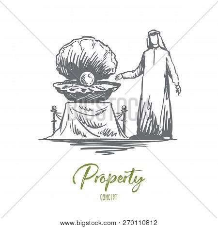 Jewel, Pearl, Property, Muslim, Luxury Concept. Hand Drawn Pearls At The Exhibition And Arab Man Con