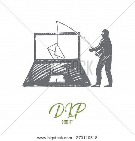 Dlp, Espionage, Virus, Penetration, Dangers Concept. Hand Drawn Hacker Breaks Mail On The Computer C