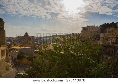 Goreme, Cappadocia, Turkey: Famous Cave Hotels In Goreme. Beautiful Panorama Of The City.