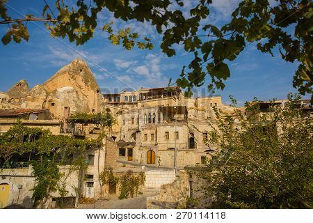 Goreme, Cappadocia, Turkey: Famous Cave Hotels In Goreme. Beautiful Panorama Of The City.