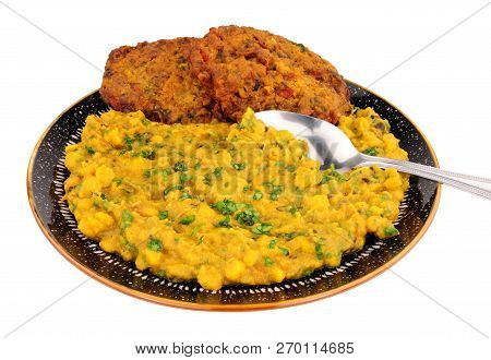 Indian Tarka Daal Meal With Onion Bhaji Isolated On A White Background