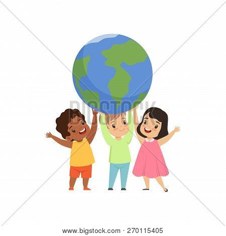 Cute Multicultural Little Kids Standing Under The Earth Globe And Holding It, Friendship, Unity Conc