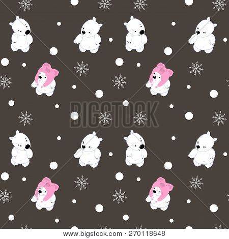 Vector Flat Illustration With Cute Polar Bear In Hat. Hat Piggy. Seamless Pattern. Christmas Flat Ba