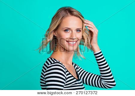 Profile Side View Portrait Of Nice Cute Sweet Charming Attractive Cheerful Wavy-haired Girl In Strip