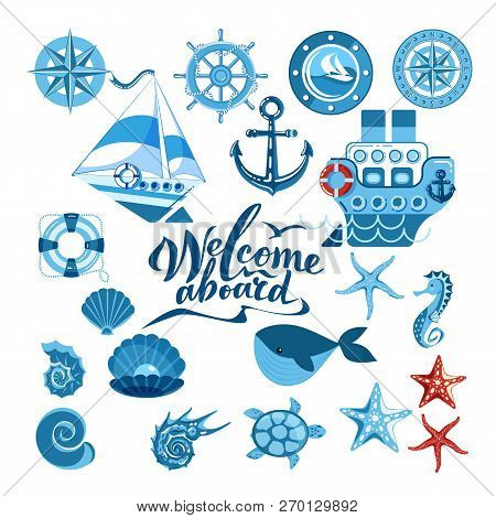 Sea Set Of Ship, Sailboat, Sea Gear, Sea Creatures. Flat Style