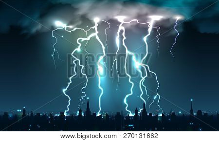 Realistic Lightning Bolts Flashes Composition Of Lightning Strokes And Thunderbolts On Night Sky Wit