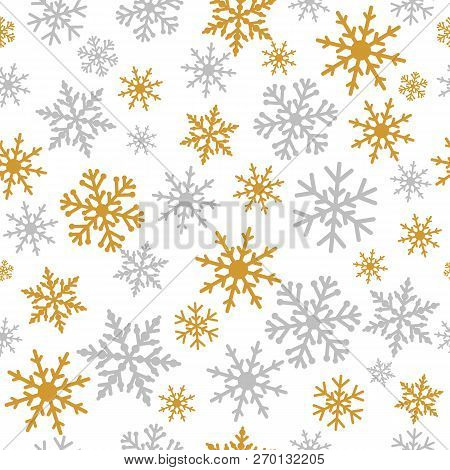 Elegant Silver And Gold Snowflakes Seamless Pattern. Snowflake Line Christmas Frost In Silver And Go