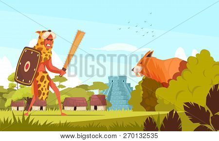 Ancient Hunter Background With Weapons And Wild Animals Flat Vector Illustration