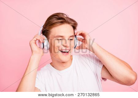 Rest Relax Pause Break Recreation Concept. Closeu Photo Portrait Of Ecstatic Rejoicing Dreamy Handso