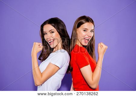 Profile Side View Portrait Of Two Nice Cute Funny Crazy Glad Childish Attractive Charming Girls In S