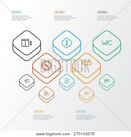 Direction Icons Line Style Set With Way In, Card, Elevator And Other Petrol Elements. Isolated Vecto