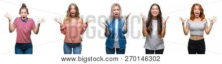 Collage of young beautiful grop of women over isolated background celebrating crazy and amazed for success with arms raised and open eyes screaming excited. Winner concept