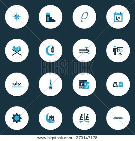 Religion Icons Colored Set With Qiblah, Rub El Hizb, Scripture And Other Mussulmans Elements. Isolat