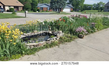 Small Lily Pond And Garden In Front Of A House Beside The Driveway In Summer With A Cul De Sac Neigh