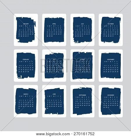 Vector Of 2019 New Year Calendar With Plants On Cyanotype Texture. Holiday Event Planner. Week Start