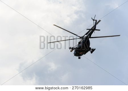 Tyumen, Russia - June 21, 2017: Army Games. Safe Route Contest. Military Helicopter Mi-8 In The Clou
