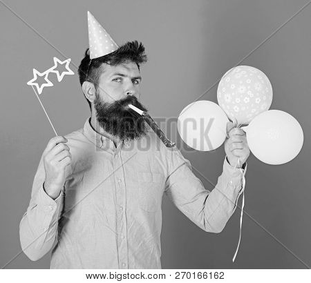 Entertainer With Colorful Baloons At Kids Party, International Childrens Day. Bearded Artist With Pa