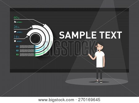 Young Speaker Presenting Infographic On The Stage. Presentation Template. Space For Your Text. Flat 