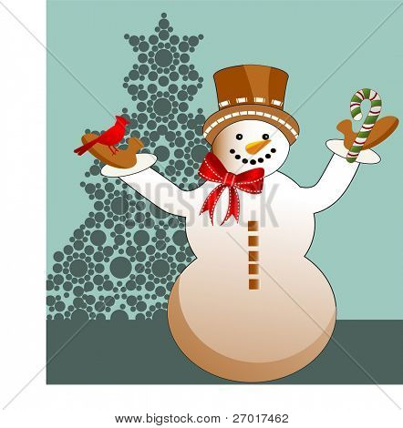 Pupazzo di neve con uccello e candycane nelle mani - albero