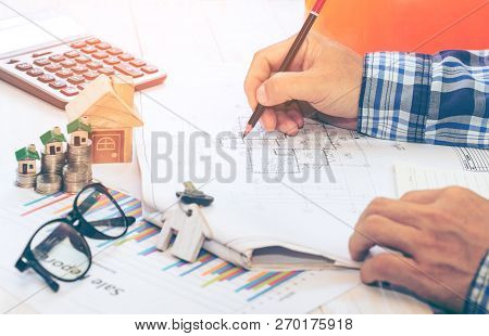 Workplace Designer And Architect With Investment Business Objects Finance,construction,blueprints, C