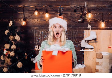 Suprise. Christmas Wishes Come True If You Believe. Christmas Present Gift. Emotional Surprised Woma