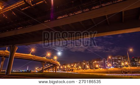 Saint-petersburg, Russia - November 21, 2018: Time Lapse Evening Highway, Western High-speed Diamete