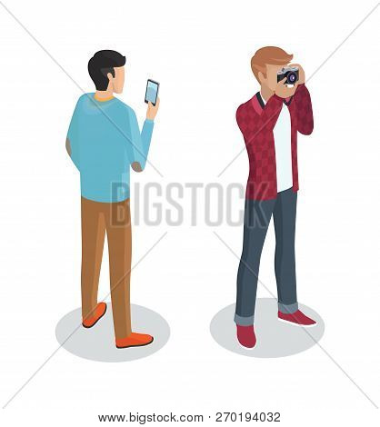Photographer Cameraman Set Of People 3d Isometric Icons Of Men. Person With Mobile Phone Taking Pict