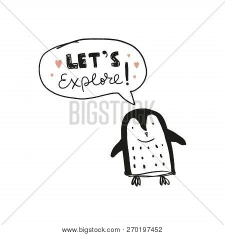 Vecor Cute Hand Drawn Nursery Poster And Postcard With Funny Penguin Animal