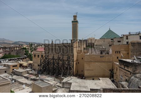 View To Roofs Of Medieval Fez Medina  And Mosque  Al-quaraouiyine From Nejjarine Museum Of Wooden Ar