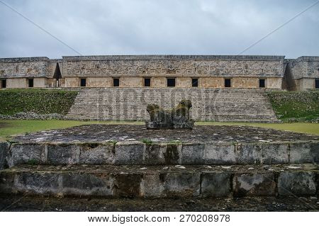 Jaguar Throne And Governor's Palace In The Foreground. Uxmal, Yucatan Peninsula, Mexico