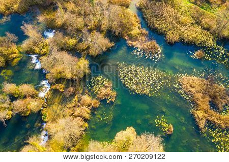 Croatian River Mreznica From Air, Drone Shoot, Top Down View, Karlovac County, Green Nature, Bayous,