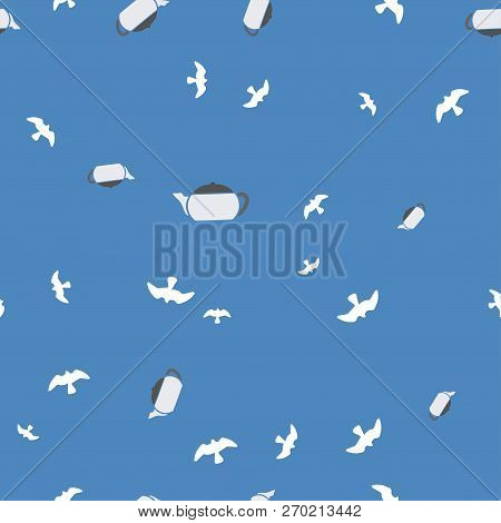 Teapot And Bird Seamless Pattern. Vector Illustration. Blue Background.