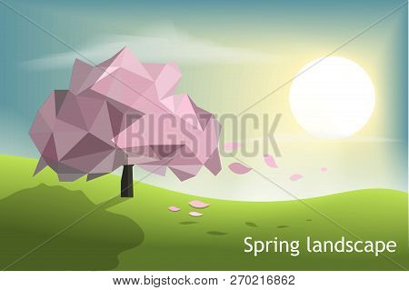 Pink Tree Low Poly With Green Field And Sunset Blue Sky Background,spring And Winter Season Concept,