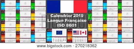 2019 French Wall Calendar. Two Iso 8601 Templates For Europe And Usa Canada With Week Numbering. Vec