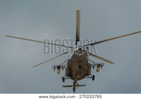 Tyumen, Russia - June 21, 2017: Army Games. Safe Route Contest. Military Helicopter Mi-8 In The Clou