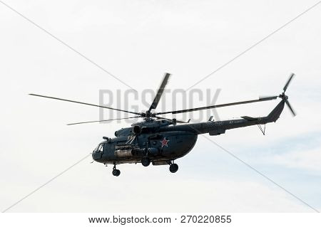 Tyumen, Russia - June 23, 2017: Army Games. Engineering Formula Contest. Military Helicopter Mi-8