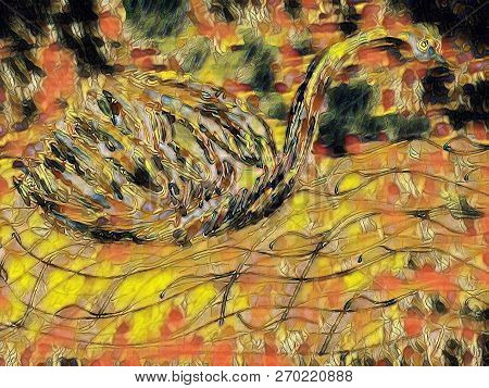 Abstracted Swan In Pale Peach, Yellow And Black Shades With A Curva-linear Fabric Water Base.
