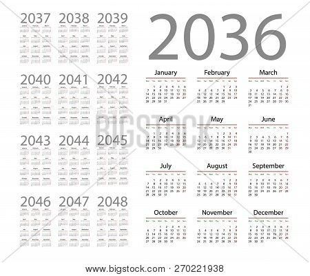 Simple Calendar 2036 On White Background. Vector Illustration