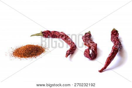Dried Red Chili Pepper Isolated On White Background. Desiccated Milled Paprika. Stock Images.
